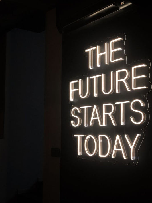 neon sign, future starts today, bar, restaurant, design,